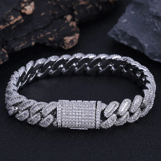 NUOYA Hip Hop Jewelry High Quality 12mm Bling Iced Cz Rectangle Diamond Prong Setting Cuban Link Necklace Homme