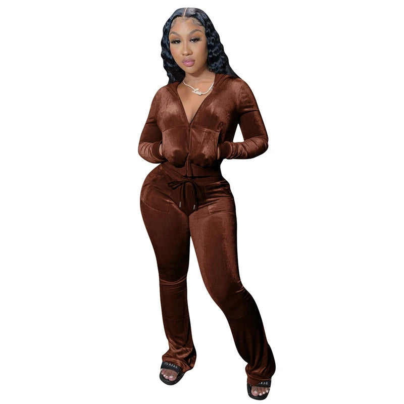 Autumn Winter Solid Velvet 2Piece Set Women Outfits Tracksuit Zipper Long Sleeve Hooded Sweatshirts Top Flare Pants Joggers Suit