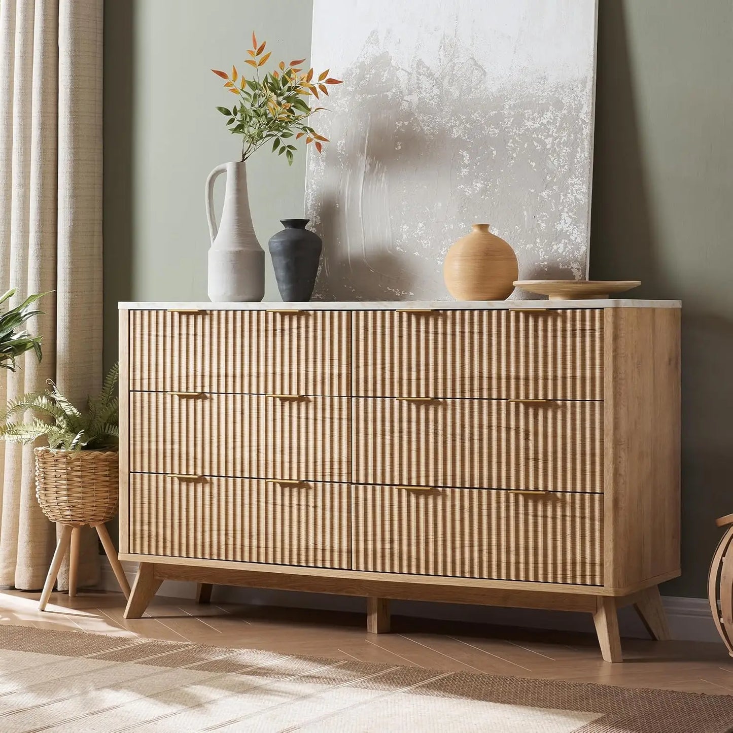 Fluted Dresser, Modern Chest of Drawers, Curved Profile Design, Wood Drawer Organizer for Bedroom, Living Room, Dark Walnut