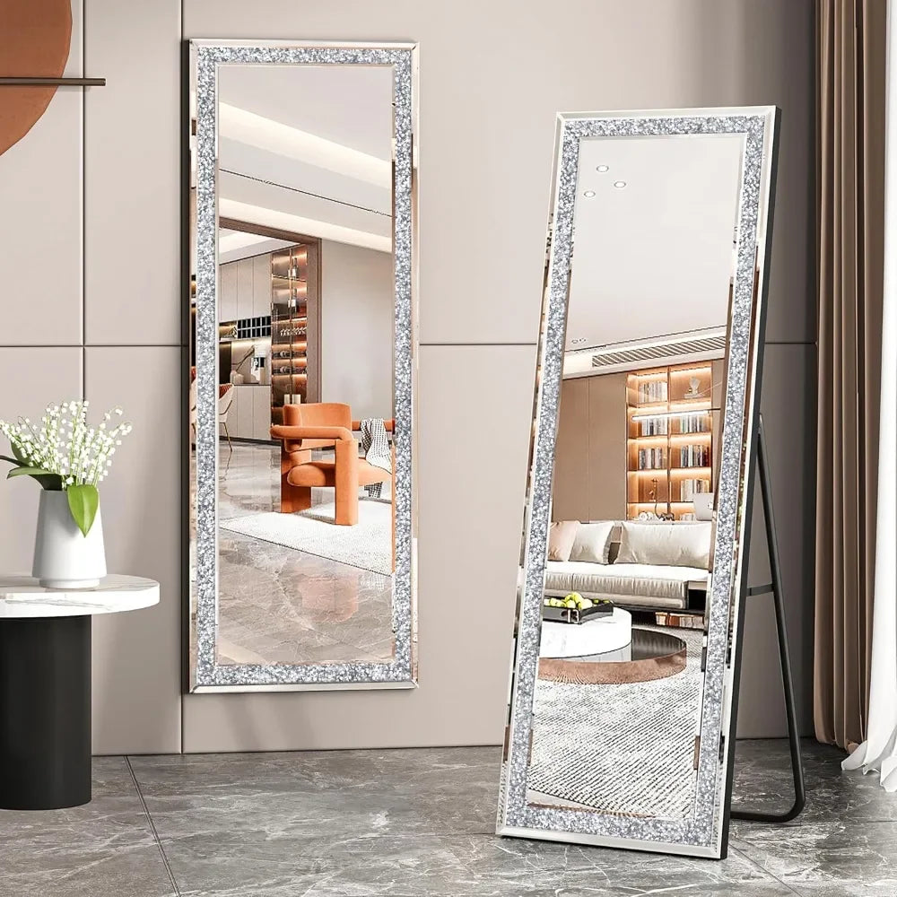 59"×18" Crystal Full Length Floor Mirror,Crushed Diamond Full Body Mirror Silver Long Standing Mirror Bathroom Wall Mounted