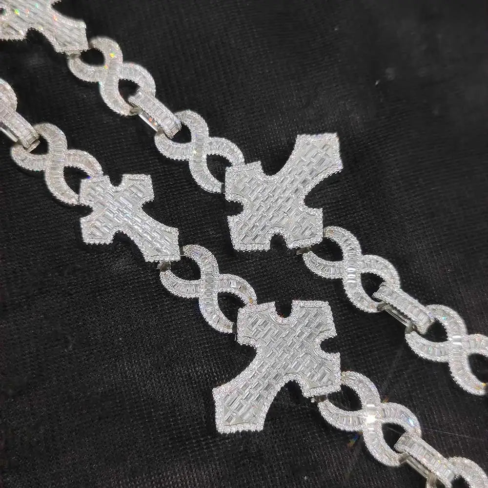 Hip Hop Silver/Gold Plated Iced Out Jewelry Baguette  Diamond CZ Cuban Link Chain Cross  Chain Rapper Necklaces