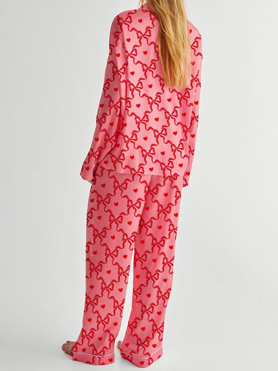New Fashion Womens 2 Piece Lounge Set Long Sleeve Lapel Bow Print Shirt Pants Sleepwear Sets Skin Friendly Hot Sale S M L