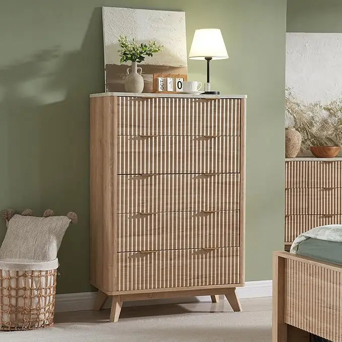 Fluted Dresser, Modern Chest of Drawers, Curved Profile Design, Wood Drawer Organizer for Bedroom, Living Room, Dark Walnut