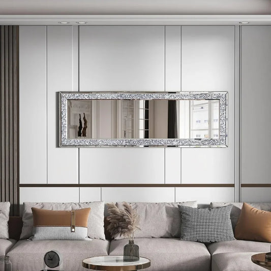 59"×18" Crystal Full Length Floor Mirror,Crushed Diamond Full Body Mirror Silver Long Standing Mirror Bathroom Wall Mounted