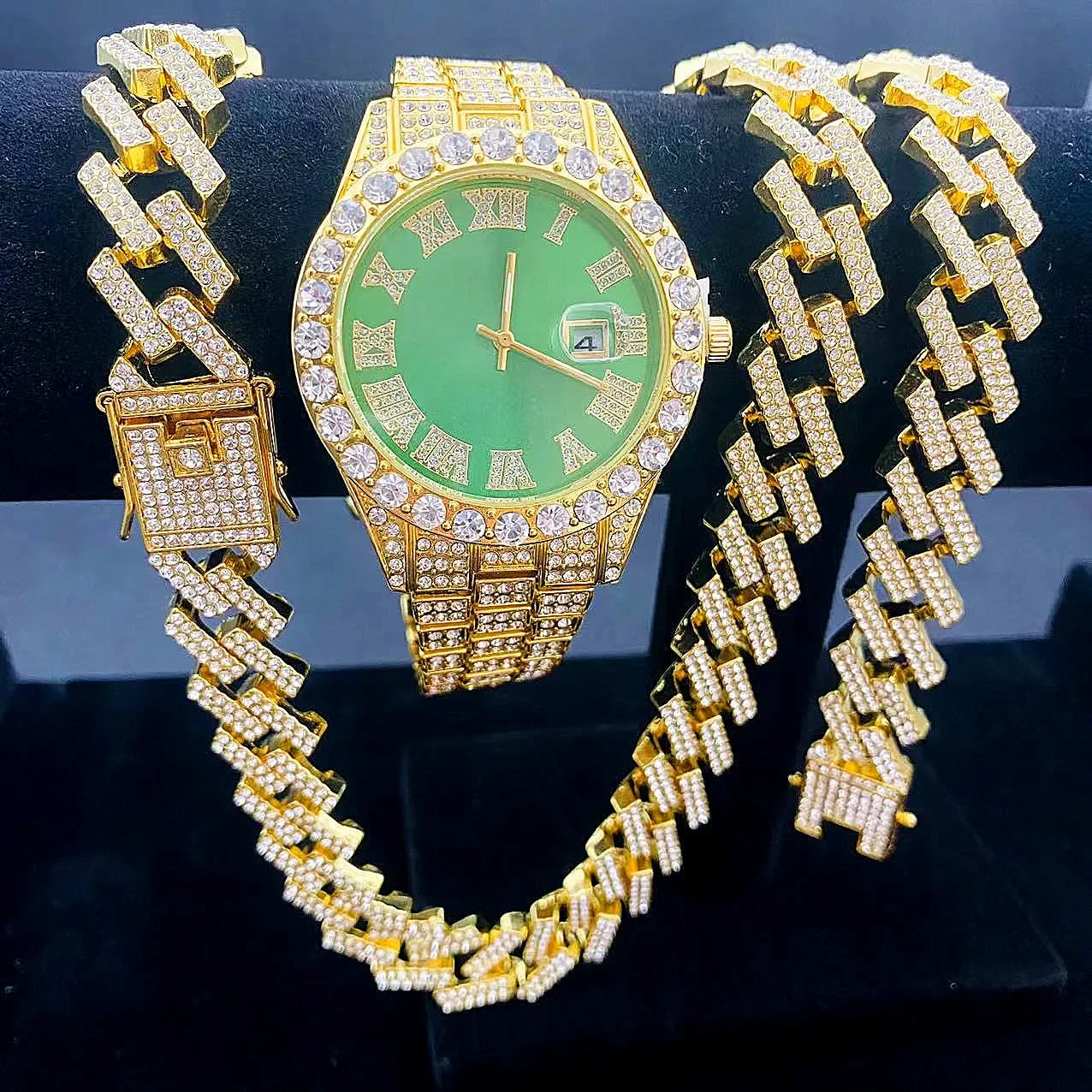 3PCS Iced Out Watches for Men Diamond Gold Watch 15mm Cuban Link Chains Bracelet + Necklaces Jewelry Watch Men Religio Masculino