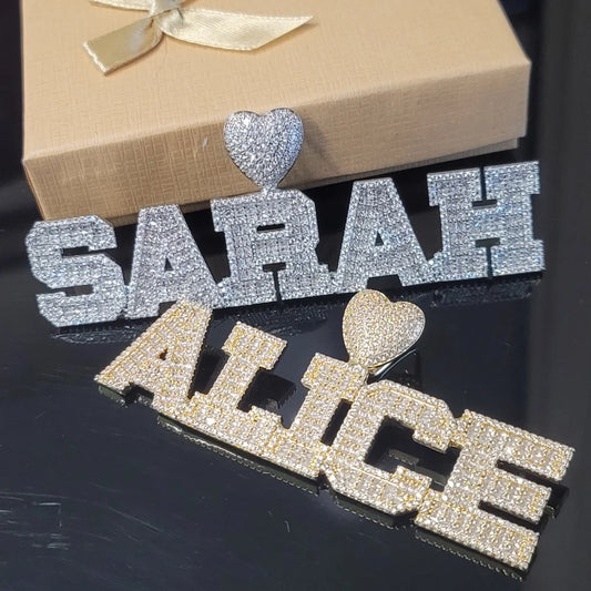 Custom Iced Out Full Diamond Heart Word Pendant Icy Baguettecz Two Rows Name Necklace Hip Hop Chain Birthday Gifts For Her Him