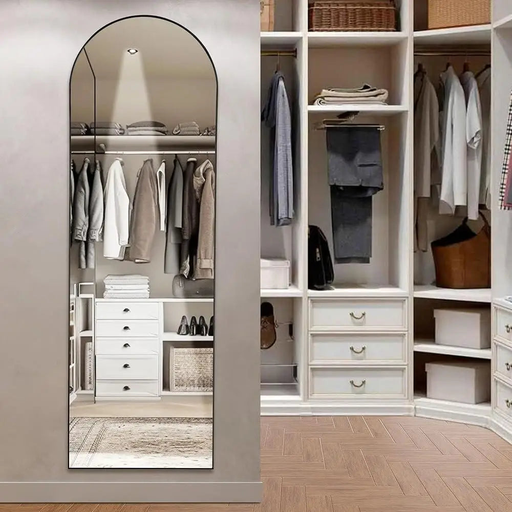 Arched Full Length Mirror with Stand Thin Aluminum Frame High Definition Explosion Proof Glass Bedroom Living Room Cloakroom