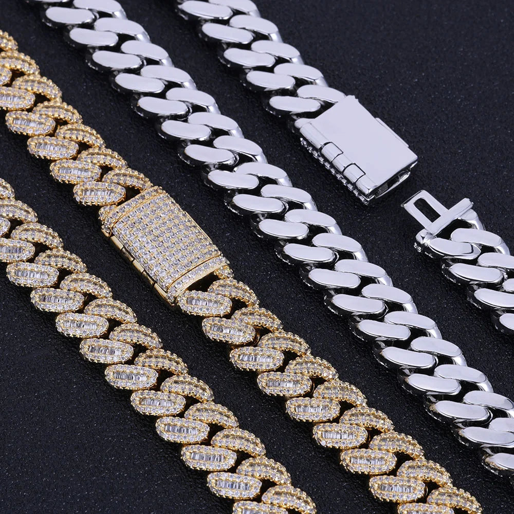 NUOYA Hip Hop Jewelry High Quality 12mm Bling Iced Cz Rectangle Diamond Prong Setting Cuban Link Necklace Homme
