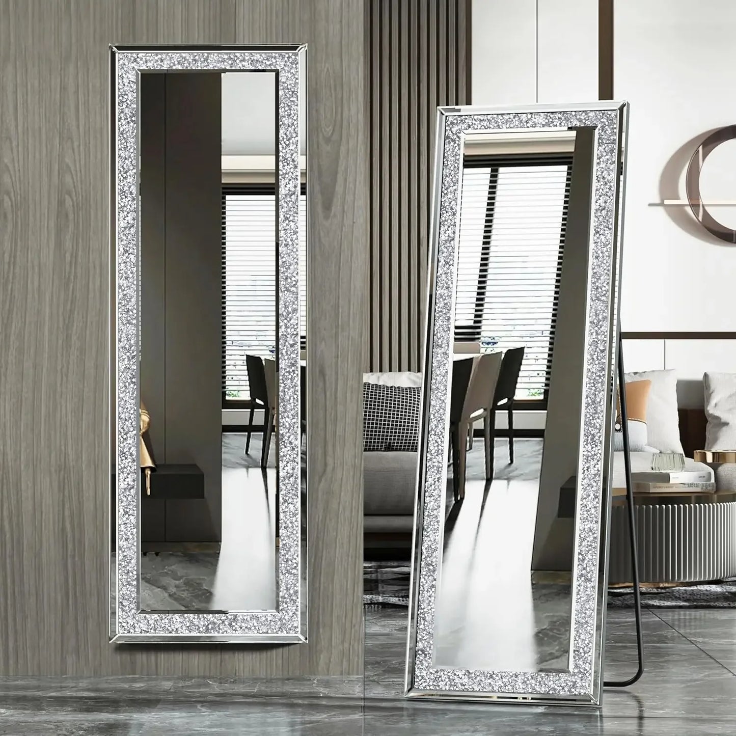 59"×18" Crystal Full Length Floor Mirror,Crushed Diamond Full Body Mirror Silver Long Standing Mirror Bathroom Wall Mounted