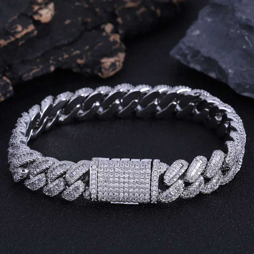 NUOYA Hip Hop Jewelry High Quality 12mm Bling Iced Cz Rectangle Diamond Prong Setting Cuban Link Necklace Homme