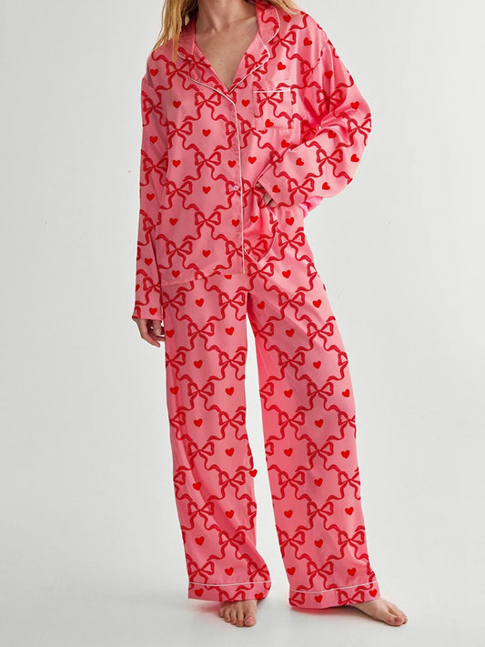 New Fashion Womens 2 Piece Lounge Set Long Sleeve Lapel Bow Print Shirt Pants Sleepwear Sets Skin Friendly Hot Sale S M L