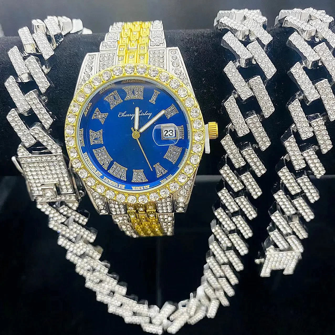 3PCS Iced Out Watches for Men Diamond Gold Watch 15mm Cuban Link Chains Bracelet + Necklaces Jewelry Watch Men Religio Masculino