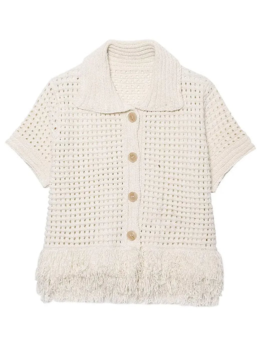 Women Crochet Hollow Out Top Shorts Set Fashion Round Neck Cardigan Crop Tops 2 Piece Sets Summer Lady Y2k Beach Party Outfit
