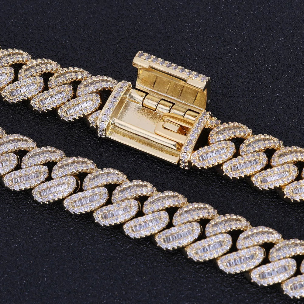 NUOYA Hip Hop Jewelry High Quality 12mm Bling Iced Cz Rectangle Diamond Prong Setting Cuban Link Necklace Homme