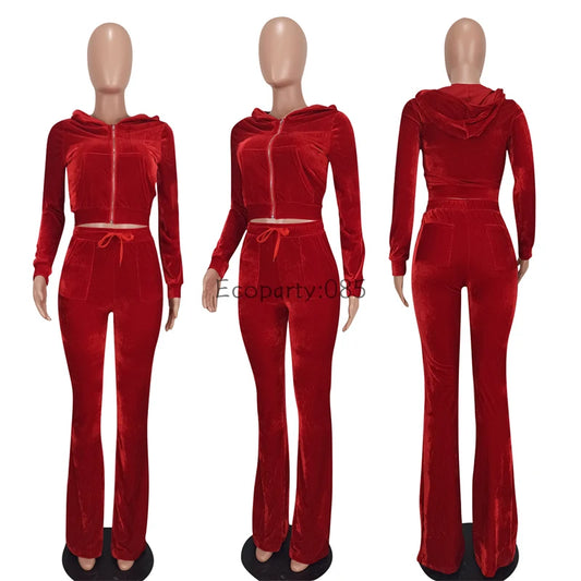 Autumn Winter Solid Velvet 2Piece Set Women Outfits Tracksuit Zipper Long Sleeve Hooded Sweatshirts Top Flare Pants Joggers Suit