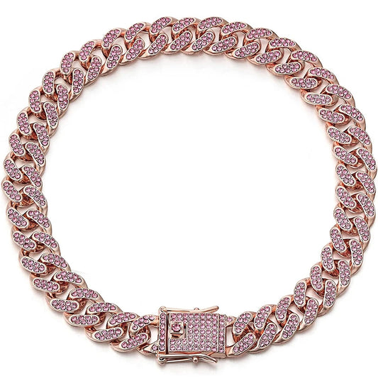 Personalized Pink Diamond Cuban Collar with Design Secure Buckle Dog Collars Gold Chain Pet Necklace for Small Medium Dogs Cat